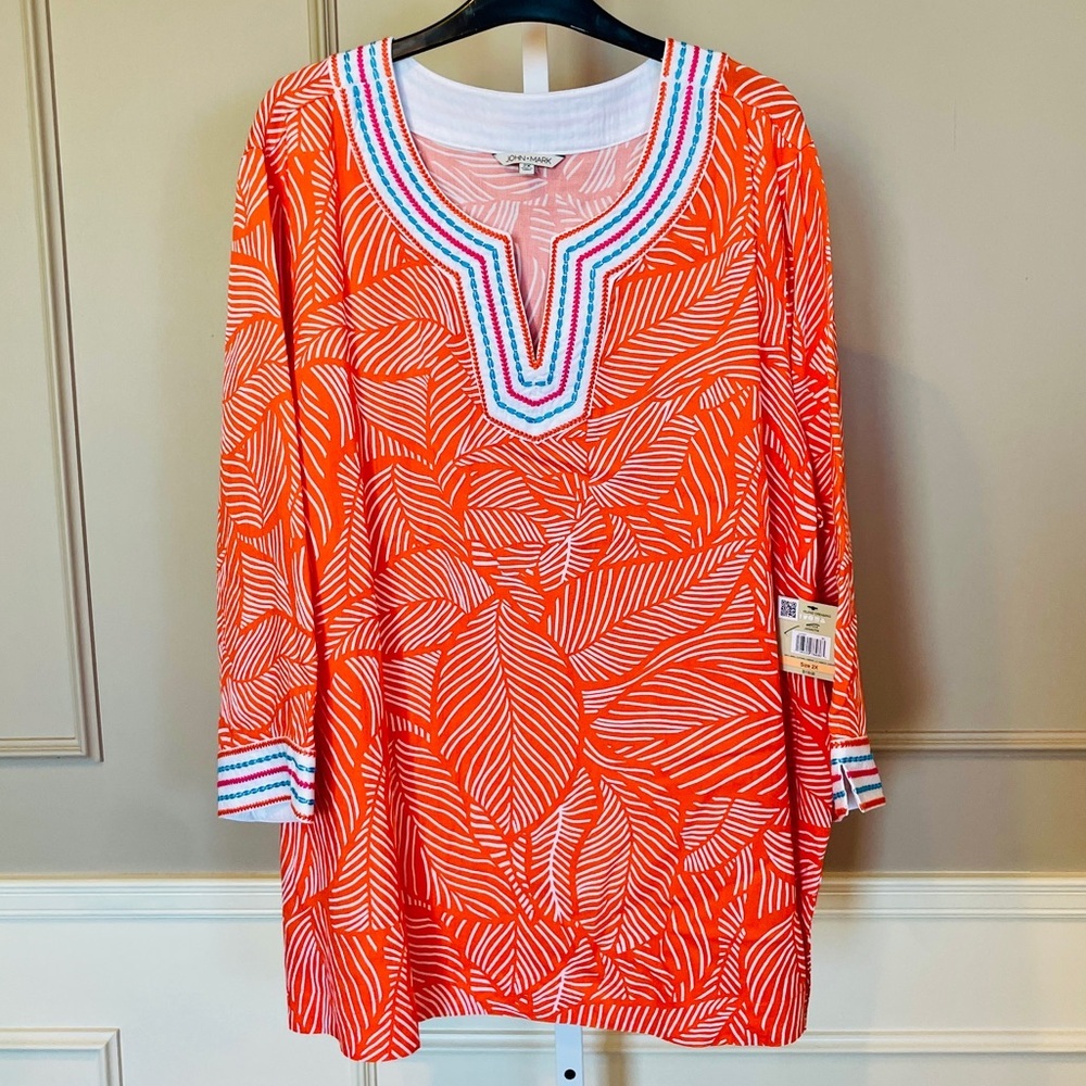 John Mark NWT Split Neck 2X Orange Coral Embroidered Tunic Island Dreaming